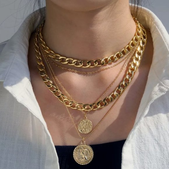 Multi-layer Thick Chain Portrait Coin Necklace - Picture 5 of 12